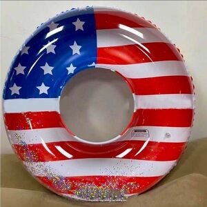 1 🇺🇸 Inflatable Swimming Ring With Glitter Stars & USA Flag Print